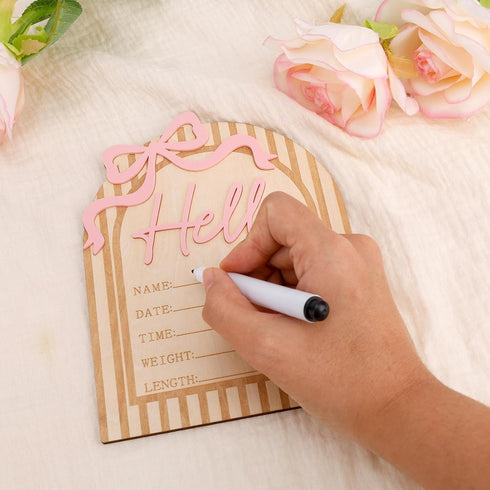Goktvai Hello World Newborn Sign, Wooden Pink Bow Baby Announcement Sign Funny Newborn Announcement Board Suitable