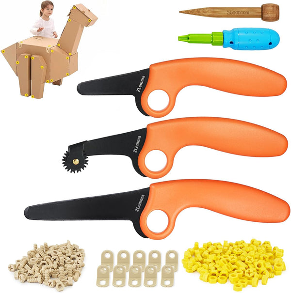 Cardboard Construction Kit for Kids, 425 Piece Crafting Activities, Inventable Cardboard Cutter with Building Tools