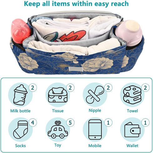 miaozhen Floral2 Navy Blue Gold Peony stroller accessories organizer baby caddy large zip pocket organizador para