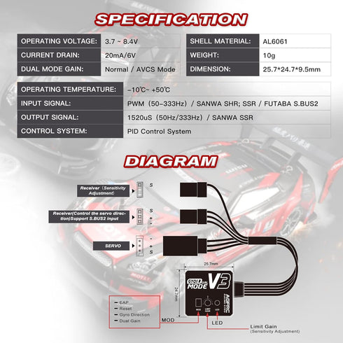 (GY01 V3) AGFRC Dual-Gain Drift RC Gyro - Tuned Rated Gyros with Aluminum Case for RC Car Truck Boat