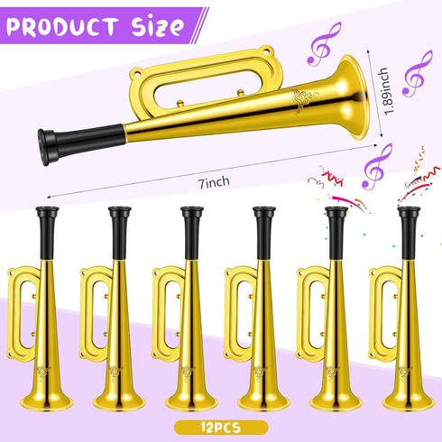 Poen 12 Pcs Mini Metallic Trumpet Toy Set, 7 Inch Plastic Noise Makers for Kids Events & Music Class (Gold)