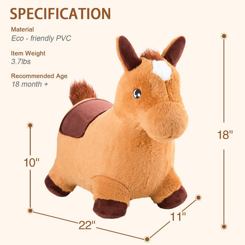 INPANY Bouncy Horse for Toddlers, Plush Brown Inflatable Ride-On Animal Toy with Pump