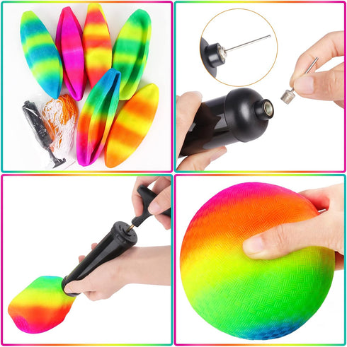 Hooqict 6 Pack 8.5 Inch Playground Balls - Inflatable Rainbow Sports Balls with Hand Pump and Portable Ball Net Bags
