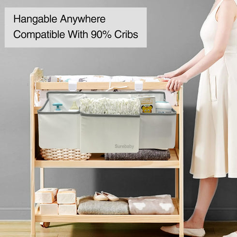 Hanging Baby Diaper Caddy, 3-in-1 Organizer Holder for Baby Crib, Nursery Diaper Stacker Storage for Crib, Changing