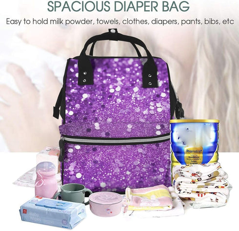 HCBPWVQA Backpack Daypacks Backpack Mommy Sparkling Purple Glitter Diaper Bag with Changing Pad and Pacifier Holder