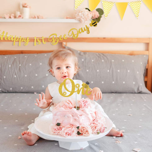 Tatuo Happy 1st Bee Day Party Decorations, Gold Glitter Banner and Cake Topper for First Birthday Supplies