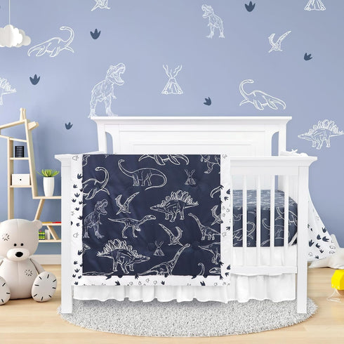 Set 4 Set Dinosaur Crib Bedding for Boys, Pieces Blue Baby Nursery Bedding for Standard Size Crib, Including Soft