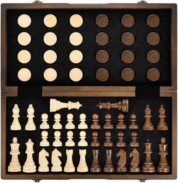 AMEROUS Magnetic Wooden Chess and Checkers Game Set, 15 Inches, 2 Extra Queens, Gift Package