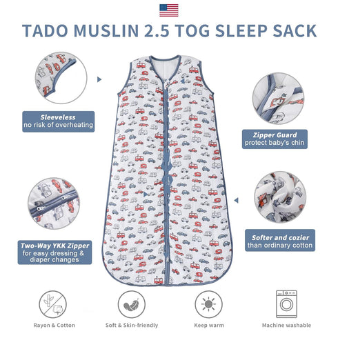 2.5 70% 30% 2.5 2Way (2-4T) TADO MUSLIN Toddler Sleep Sack TOG, Rayon from Bamboo and Cotton Baby Wearable Blanket