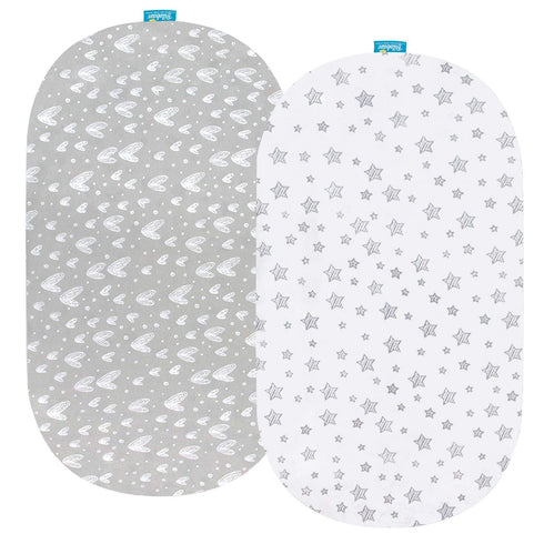 Bassinet Sheets Universal Fit for Oval, Hourglass, Rectangle Bassinet Mattress, 2 Pack 100% Cotton Fitted Sheets