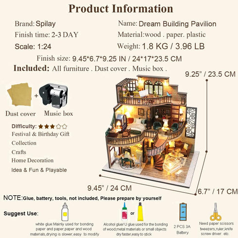 Spilay DIY Miniature Dollhouse Kit | 1:24 Scale Mini House with Wooden Furniture, Dust Proof Cover & Music Box