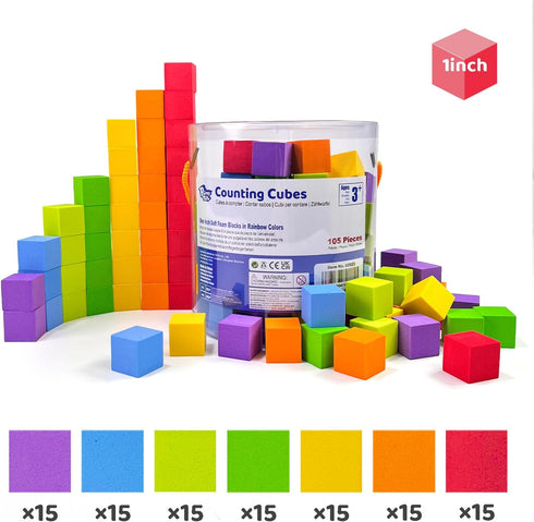 Foam Counting Blocks, 105 Pieces 1 Inch Soft Rainbow Math Counters for Preschool Classroom Learning Supplies