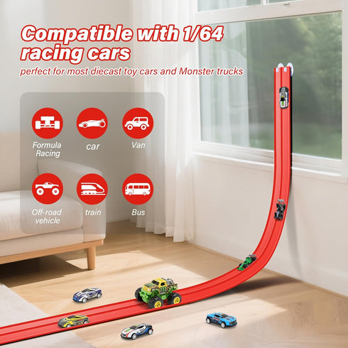 16Ft 4 8 1/64th 3 KETIEE Flex Tracks for Kids: Flexible Race Car Ramp Track with Small Racecars and Suction Cups
