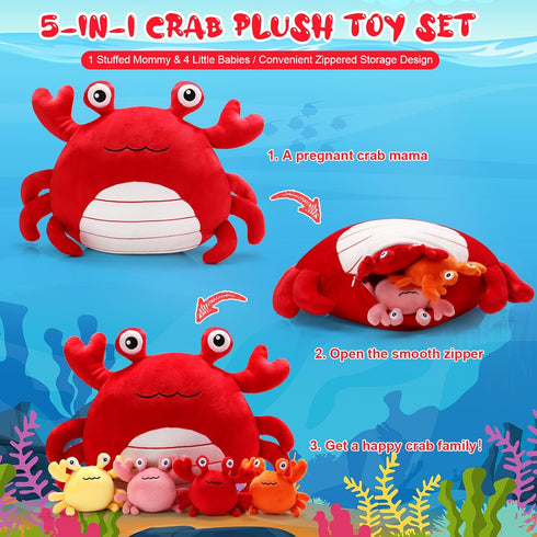 5 4 DoubleFill Pcs Crab Stuffed Animal Plush Toys Crab Mom with Baby Plushies Sea Ocean Stuffed Animal Pillows, Gifts