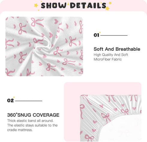 Sheet,39x27IN Pfrewn Crib Sheets for Boys Girls Aesthetic Pink Ribbon Bow Fitted Crib Sheet for Mini Crib Mattress