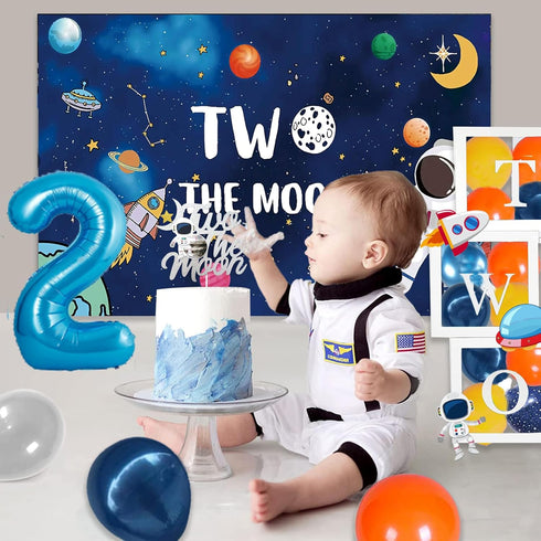 Fiesec 130 Two the Moon Birthday Boy PCs Outer Space Second Birthday Party Supplies with Backdrop, Cake Topper