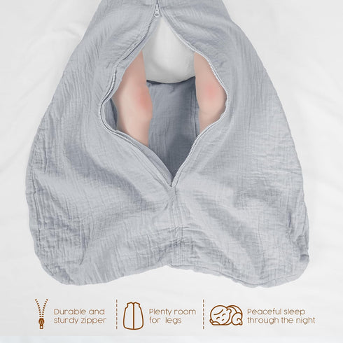 david's kids Muslin Cotton Baby Sleep Sack 6-12 Months, 2 Pack, 100% Cotton, TOG 0.5, White & Grey, Soft Wearable