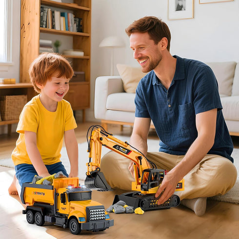 LerBao 2 Pack 3 4 5 6 7 8 Large Construction Engineering Truck Toys,Moveable Claw Excavator & Lifting Back Dump Truck