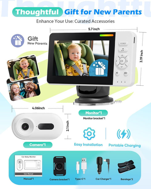 Elzeeo 1080P 360 Wireless Baby Car Camera with Upgraded Auto Night Vision, HD Car Baby Monitor with Adjustable, Easy