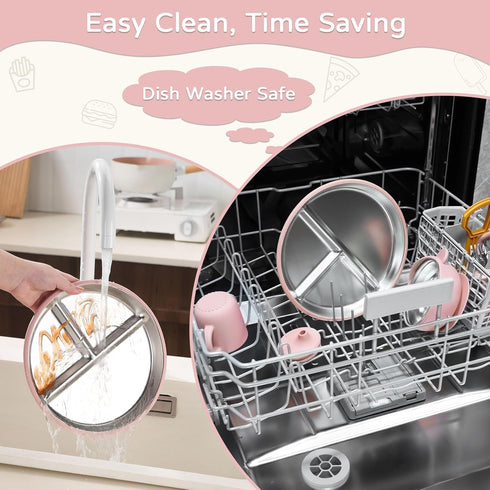 Bathchef Set Set Safe,6pcs,Pink Toddler Plates and Bowls Stainless Steel - Baby Feeding Strong Suction, BPA Free