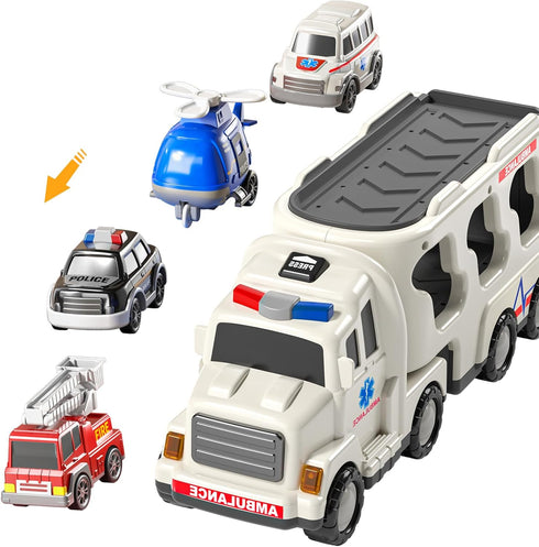 5 Pack 3 4 5 6 3-9 TEMI Ambulance Vehicle Toddler Truck Toys for Year Old Boys, Friction Powered Cars with Toy