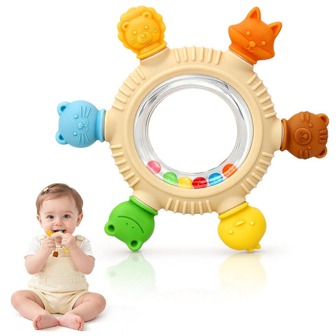 CAHILON Teething Ring Toys 3-6 Months, BPA-Free Silicone Infant Rattle Teethers for Babies