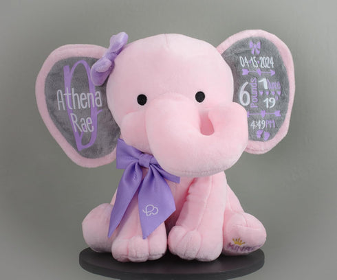 9 Inches Personalized Elephant Stuffed Animal - Custom Birth Stats Announcement Stuff Elephants Animals for Babies
