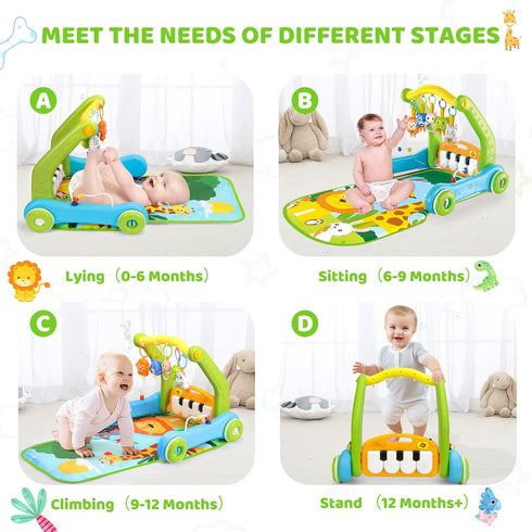 4-in-1 Tummy 0-3-6-9-12 Baby Gym Play Mat with Learning Walker, Time Mat & Baby Push Toys for Newborn Infant Month Boy