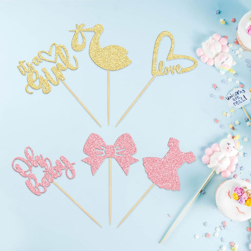 Gyufise 36 Pack Oh Baby Cupcake Toppers, It's a Girl Cupcake Toppers with Bow Dress Glitter Cake Picks for Baby Shower