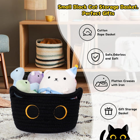 Small Black Cat Cotton Rope Storage Basket - Woven Organizer with Ears for Nursery, Baby Toy Storage, 8.5×4.5 inches