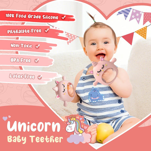 6-12 0-6 Teething Toys for Babies Months, Tinabless Unicorn Never Drop Silicone Teether Designed for Babies Months, Car