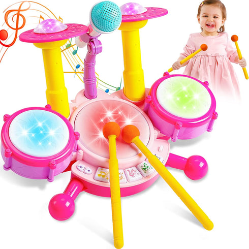 Kids Drum Set for Toddlers 1-3 - Musical Baby Girl Toys, Educational Microphone Instruments for 1 Year Old Gifts