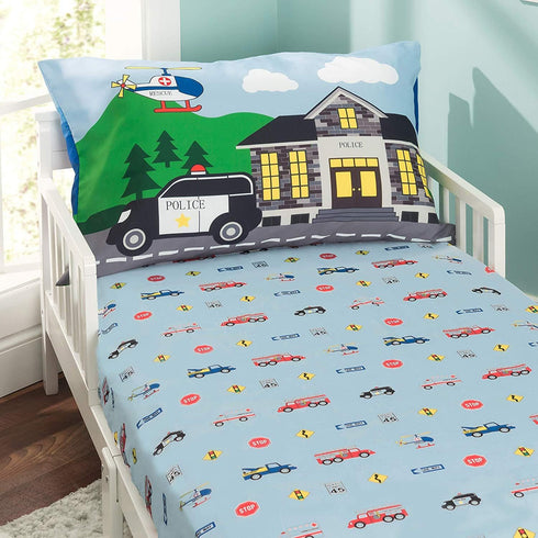 3-Piece Set Set EVERYDAY KIDS Toddler Fitted Sheet, Flat Sheet and Pillowcase - Police, Fire and Rescue - Soft