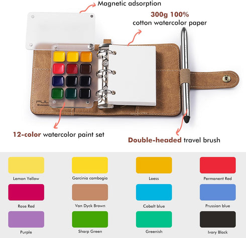 Set 12-Color 100% 20 Fuumuui Watercolor Sketchbook Refillable Travel Paints Kit & Cotton Cold Press Sheets Art Journal