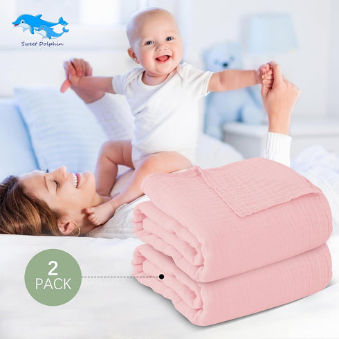 2 Pack 100% 40x40Inch SWEET DOLPHIN Muslin Baby Bath Towels Blanket - Cotton Towel for Babies, Infants, Toddlers