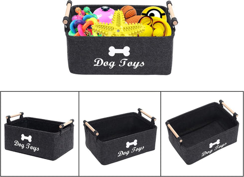 Geyecete Dog Toys Storage Bins with Wooden Handle, Collapsible Pet Supplies Storage Basket (DOG-Dark Grey)