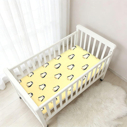 miaozhen 1 Pack 52x28 Cotton Crib Sheets for Baby Boys Girls Soft Comfy Cute Animal Penguin Pastel Yellow Toddler
