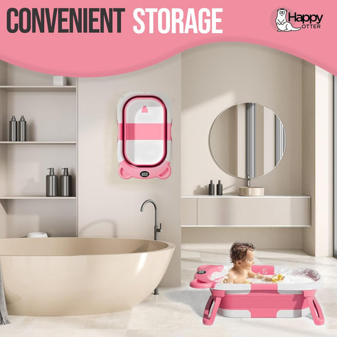 HAPPY OTTER Portable Baby Bathtub with Heat Sensor for Toddlers & Newborns, Padded Baby Bath Tub with Water Release