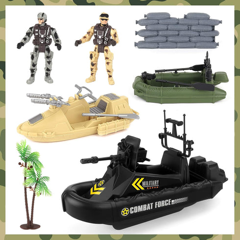 Set 2 3-5+ deAO Military Vehicles - Combat Boat Toy with Army Men Figures, Batter Boat and Other Weapon Gear