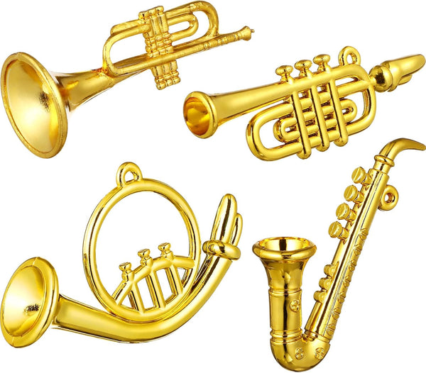Balacoo 4Pcs Mini Plastic Musical Instrument Dollhouse Model, Gold Trumpet Saxophone Miniature Christmas Tree Decor