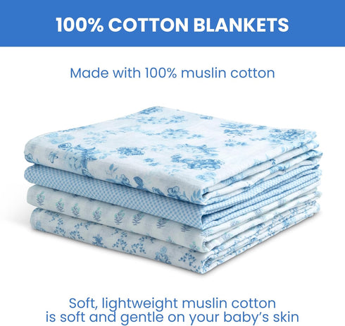 100% 47x47 Inches (Pack 4), Delta Children Cotton Muslin Baby Receiving Blankets for Girls and Boys of Blue Botanicals