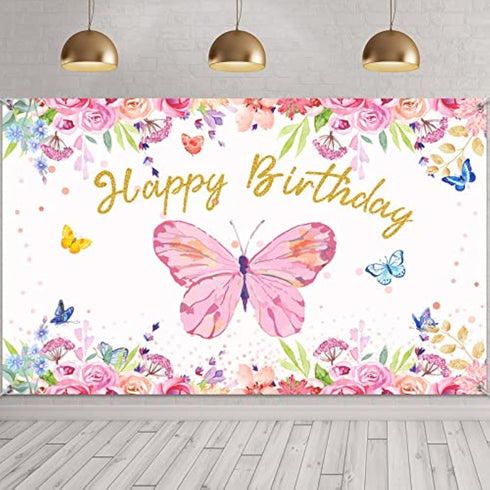 Tatuo Butterfly Happy Birthday Backdrop 6x4ft, Pink Butterfly Party Decorations for Baby Shower