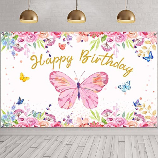 Tatuo Butterfly Happy Birthday Backdrop 6x4ft, Pink Butterfly Party Decorations for Baby Shower
