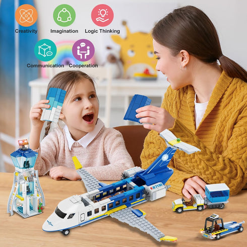 City Passenger Airplane Building Set, 711 PCS 3 IN 1 Plane Blocks Kit with Airport Terminal, Radar Tower, Luggage Truck