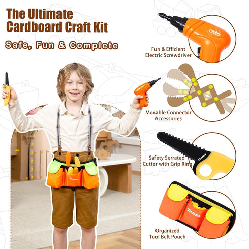 Set -258PCS, Kids Cardboard Construction Tool with Electric Drill & Tool Belt STEM Building Kit for Creative Craft