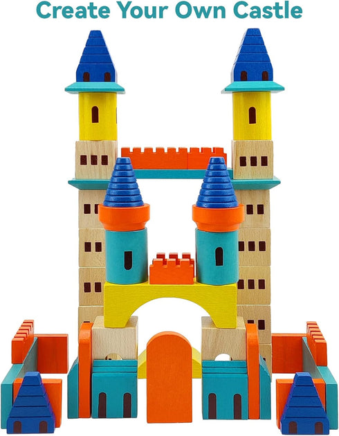 Wooden Castle Building Blocks Set, 69 Pieces Big Solid Beech Wood Stacking Toy for Kids
