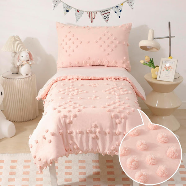 Toddler Bedding Set for Girls 4-Piece Pink Jacquard Pom Pom Tufts Bohemian