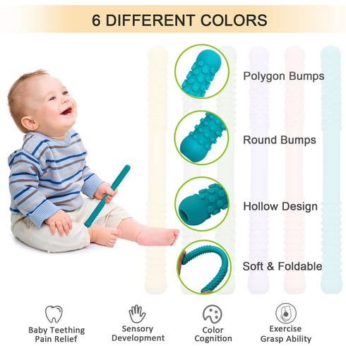Hollow Teething Tubes Toys for Babies, 5 Pack Silicone Teether Toy Tube for Infants 6-12 Months