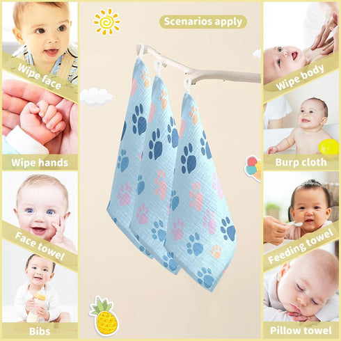Flradish 3 Pack Set 12 12 Inches Baby Washcloths Pure Cotton Highly Absorbent and Soft Dog Paw Print Baby Towels