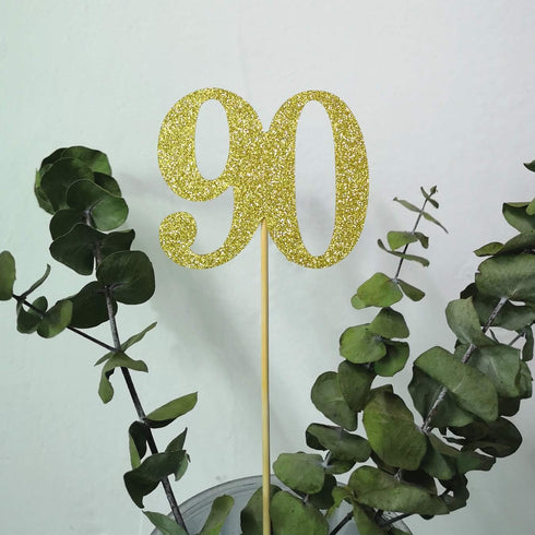 Pack of 10 Gold Glitter 90th Birthday Centerpiece Sticks, Number 90 Table Topper Age Letter Decorations